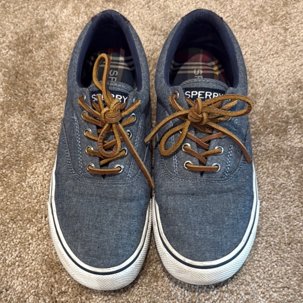 Sperry Blue and Brown Boat Shoes with Leather Laces